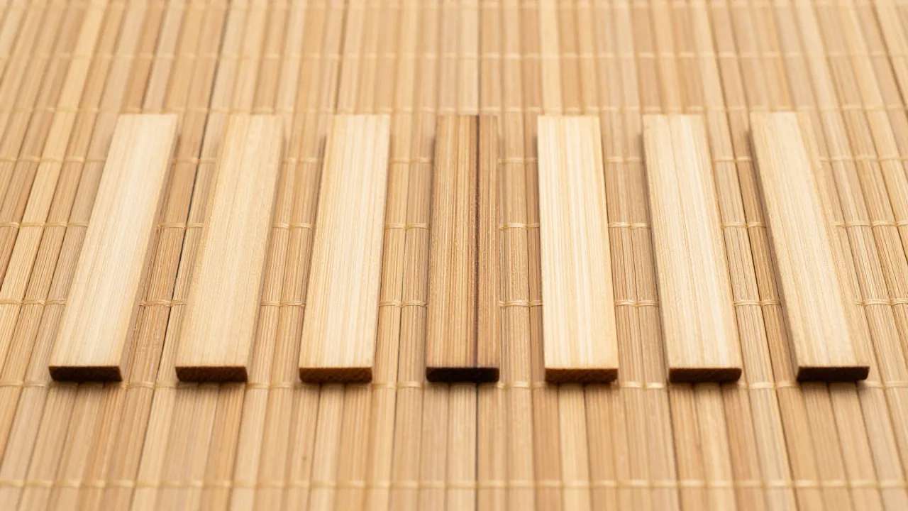 six plain wooden line pieces, one solid line highlighted by spacing, bamboo mat supporting i ching nine means