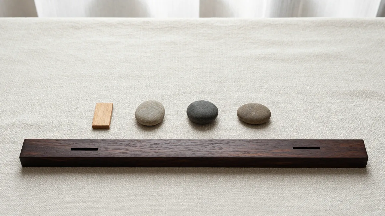 one continuous dark wood strip beside two short separated strips, three smooth unmarked pebbles, plain linen cloth supporting i ching nine means