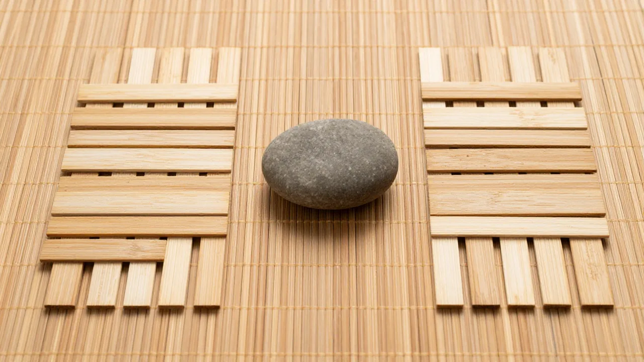 two groups of straight unmarked wooden strips, one smooth oval river stone, plain bamboo mat supporting i ching nine means