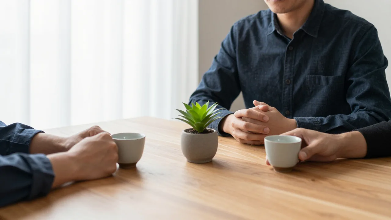two people seated across a plain wooden table, two unmarked ceramic tea cups, small potted plant supporting the i ching going to see the great man means