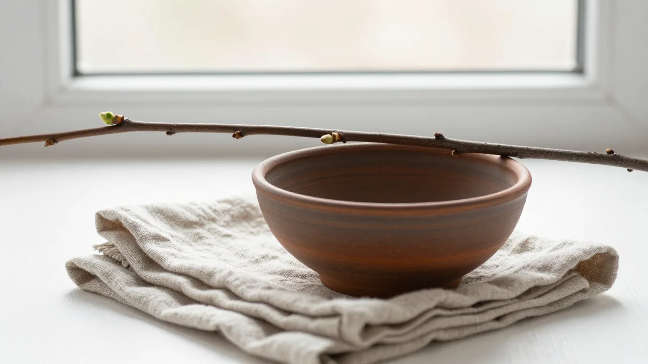 winter branch with one fresh bud, plain clay bowl, folded linen supporting what does i ching 24 mean