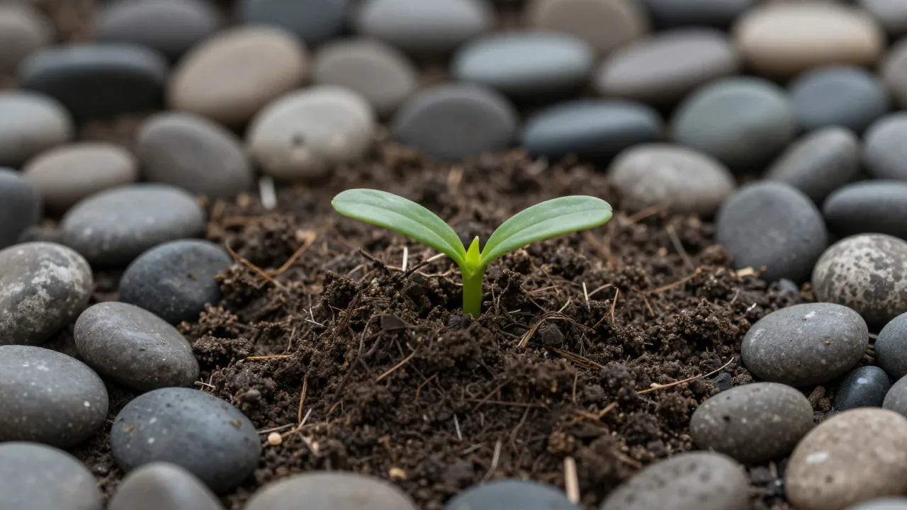 single green shoot, dark soil, smooth river stones supporting what does i ching 24 mean