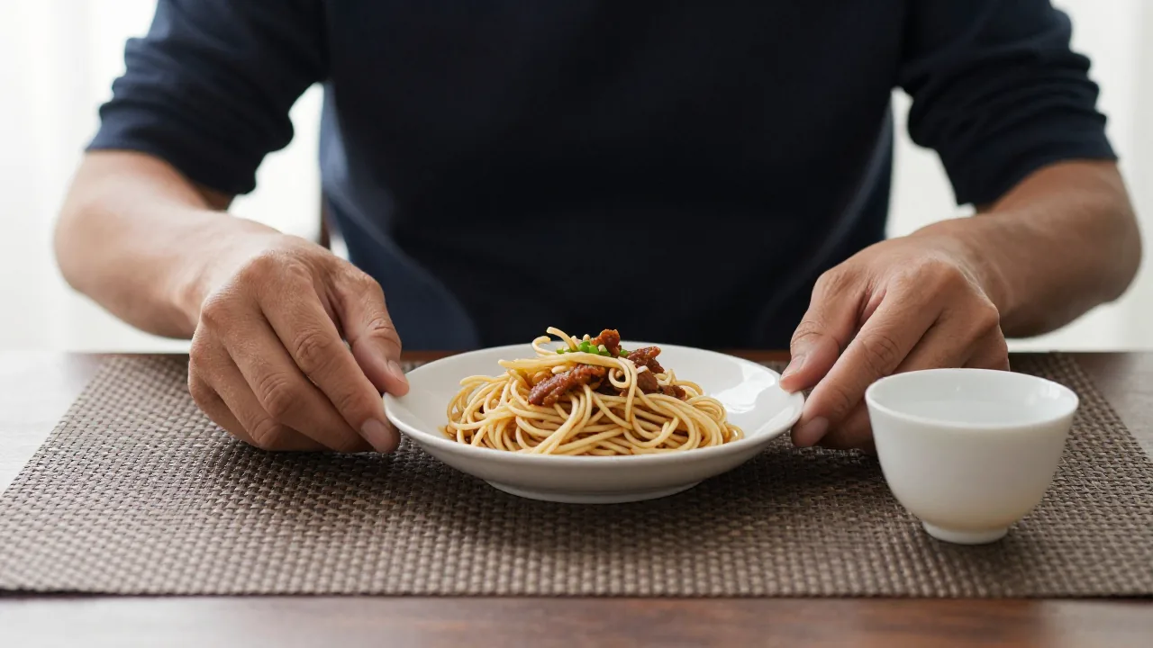 hands arranging a simple meal, woven placemat, tea cup supporting what does i ching 27 mean