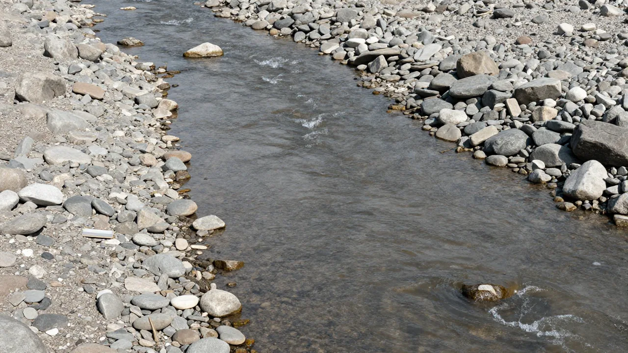 A river channel bordered by smooth stones