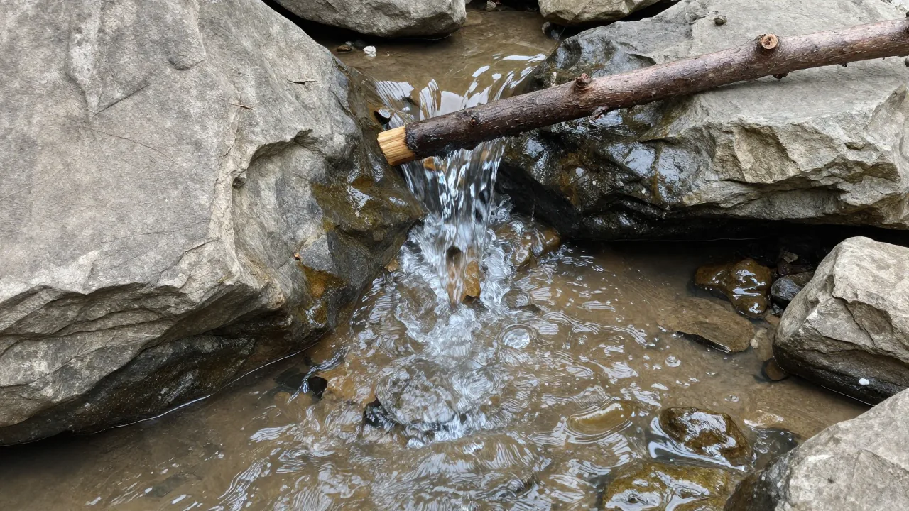 Flowing water beneath a fallen branch between rocks