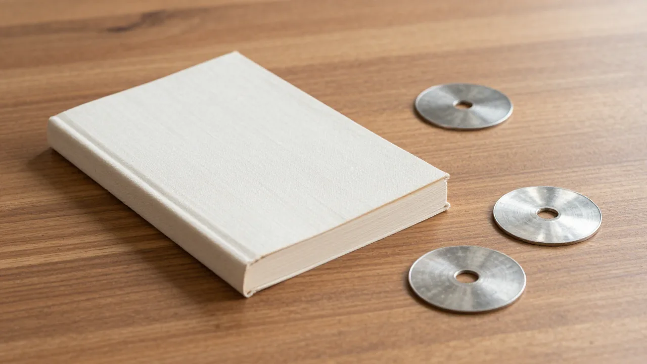 A plain closed book and three metal discs on a desk