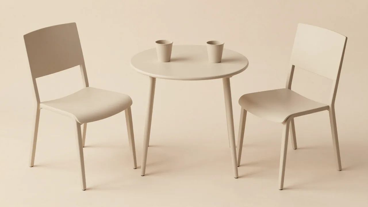 two chairs angled in different directions, one shared small table, two plain cups