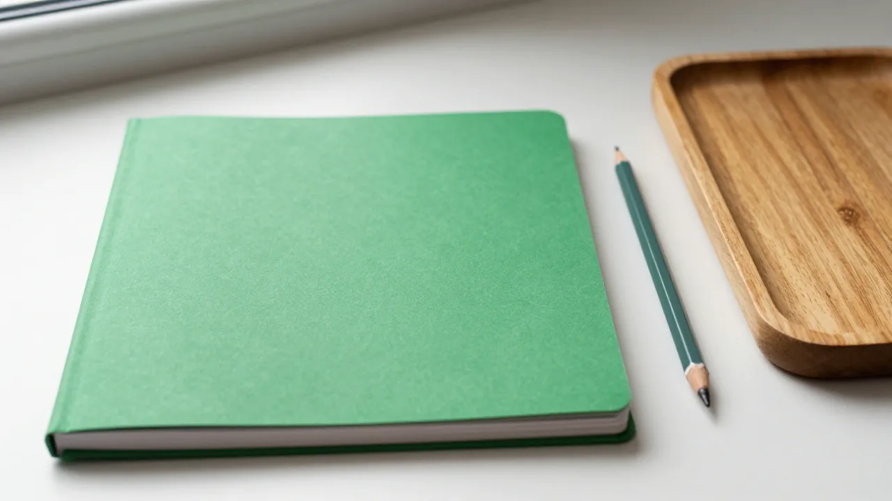 plain closed green notebook, pencil, empty small wooden tray