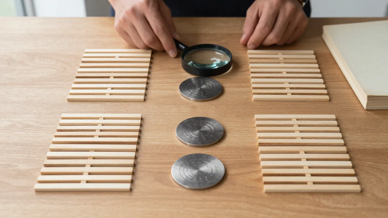 Three coin cast reviewed with wooden six-line hexagram models and a magnifying glass