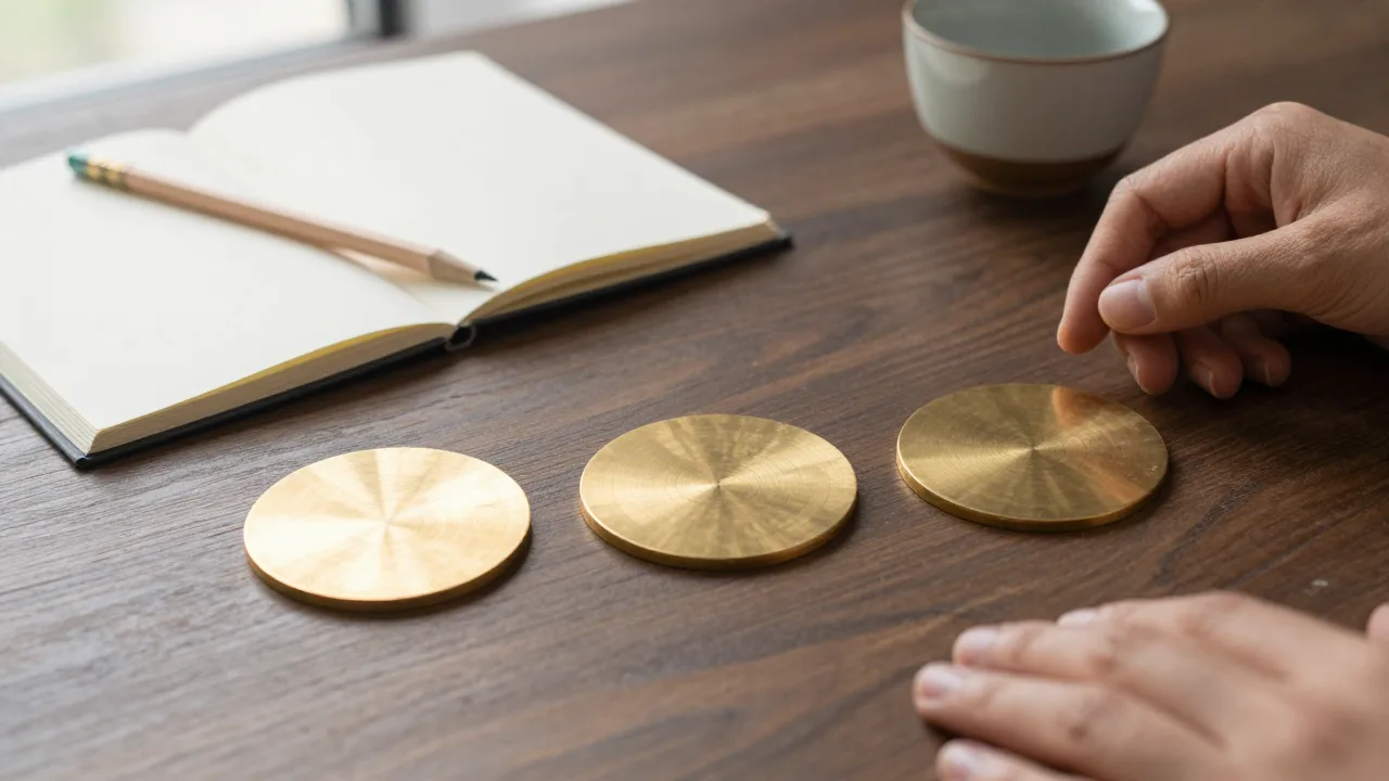 Three brass coins arranged beside an open notebook before an I Ching cast