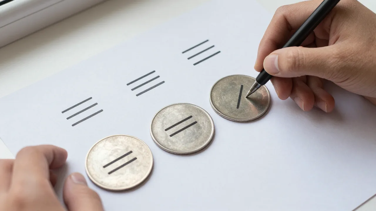 Hand recording a six-line I Ching coin cast beside three silver coins